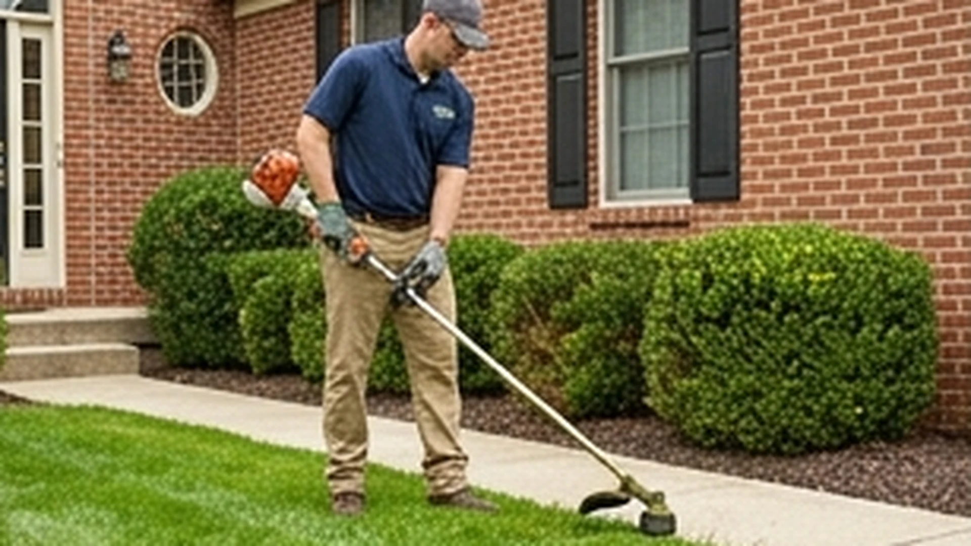 Lawn care crew edging and trimming along sidewalk and beds